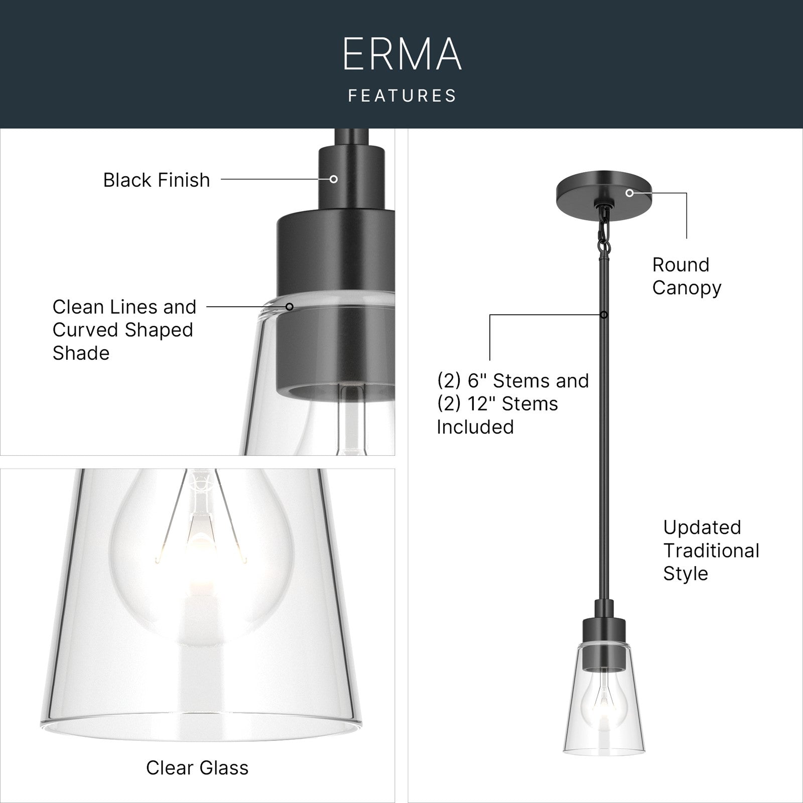 Kichler Erma 4in 1-Light Mini Pendant | Traditional Black Steel and Clear Satin Etched Glass | Kitchen Island & Dining Room | 7.5 in H | Model 52444BKCLR