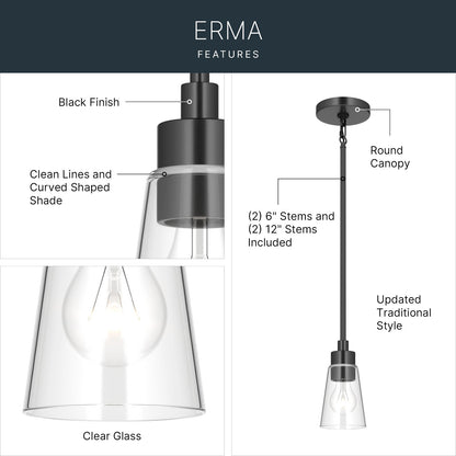Kichler Erma 4in 1-Light Mini Pendant | Traditional Black Steel and Clear Satin Etched Glass | Kitchen Island & Dining Room | 7.5 in H | Model 52444BKCLR