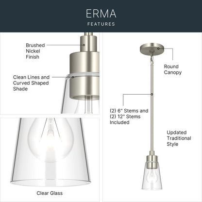 Kichler Erma 4in 1-Light Mini Pendant | Traditional Brushed Nickel Steel and Clear Satin Etched Glass | Kitchen Island & Dining Room | 7.5 in H | Model 52444NICLR