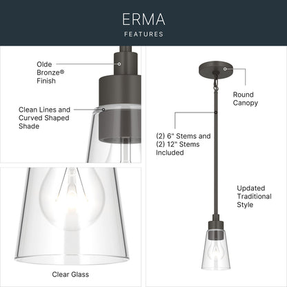 Kichler Erma 4in 1-Light Mini Pendant | Traditional Olde Bronze Steel and Clear Satin Etched Glass | Kitchen Island & Dining Room | 7.5 in H | Model 52444OZCLR