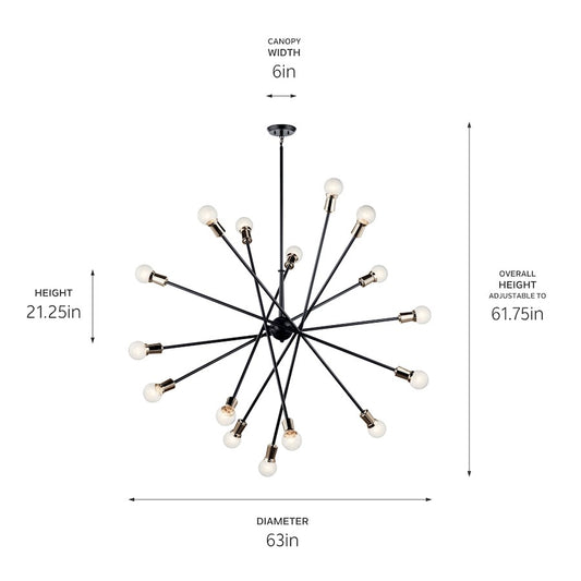Kichler Armstrong 63in 16-Light Chandelier | Mid-Century Modern Black and Polished Nickel Steel | Dining Room & Foyer | 21.25 in H | Model 52537BK
