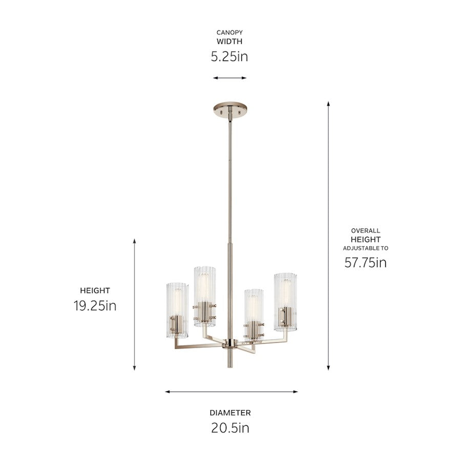 4 Light Small Chandelier, Nickel Fluted