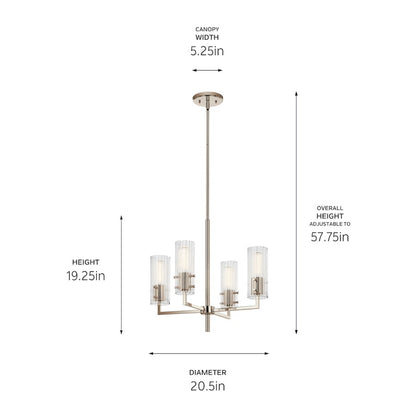 4 Light Small Chandelier, Nickel Fluted