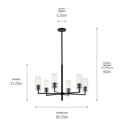 6 Light Chandelier, Medium, Black Fluted