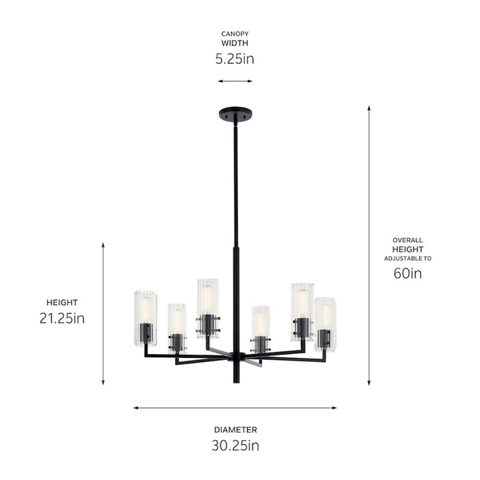 Kichler Velestino 6Lt Round 21.25" Chandelier 1 Tier MED, Black Fluted