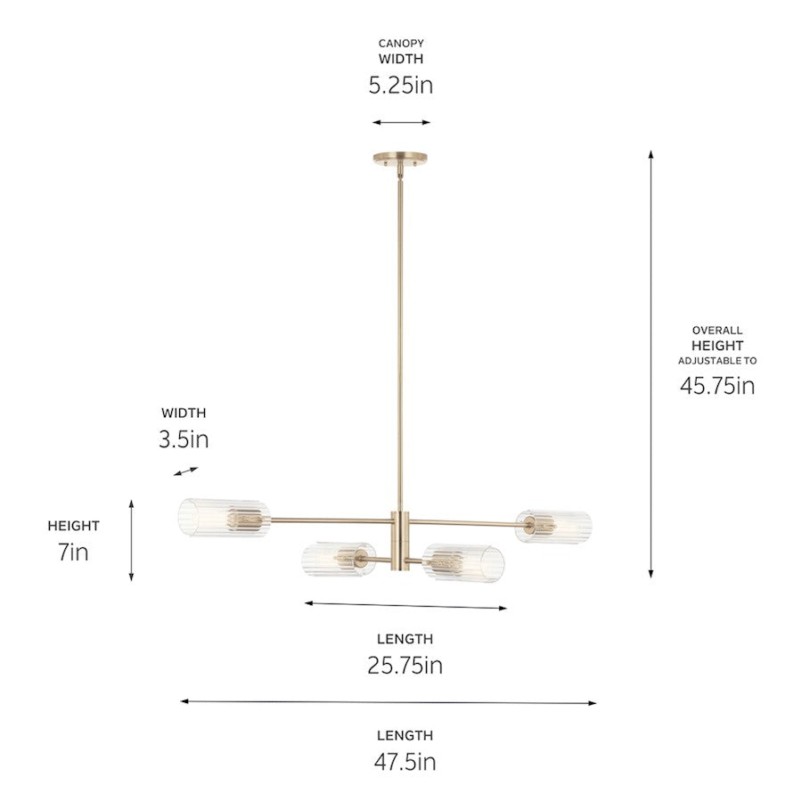 4 Light Linear 7" Chandelier Single, Bronze Fluted