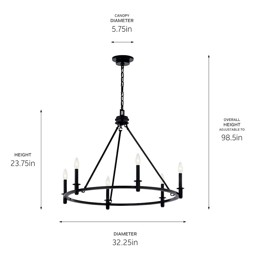 Kichler Carrick 23.75in 6-Light Chandelier | Traditional Black Steel Ring | Dining Room & Entryway | 23.75 in H, 60W Candelabra | Model 52705BK