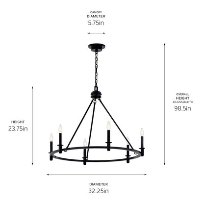 Kichler Carrick 23.75in 6-Light Chandelier | Traditional Black Steel Ring | Dining Room & Entryway | 23.75 in H, 60W Candelabra | Model 52705BK
