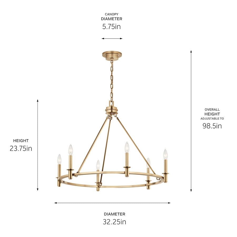 Kichler Carrick 24in 6-Light Chandelier | Traditional Champagne Bronze Steel | Dining Room & Foyer | 24 x 24 x 24 in | Model 52705CPZ