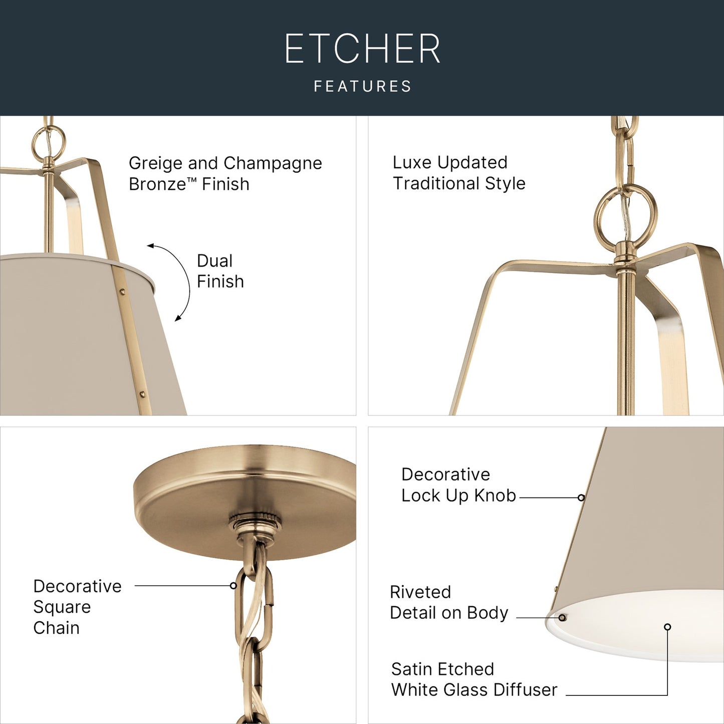 Kichler Etcher 22.5in 2-Light Pendant | Traditional Greige Steel and Clear Satin Etched Glass | Kitchen Island & Dining Room | 22.5 x 17 in | Model 52711GRG