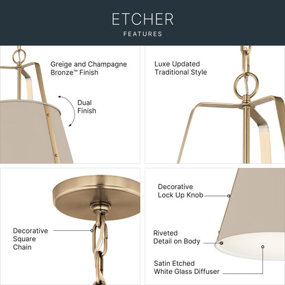 Kichler Etcher 22.5in 2-Light Pendant | Traditional Greige Steel and Clear Satin Etched Glass | Kitchen Island & Dining Room | 22.5 x 17 in | Model 52711GRG