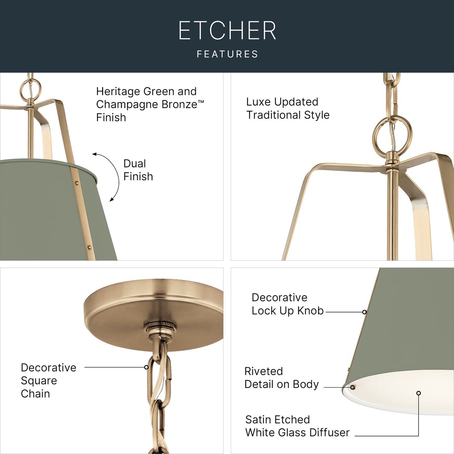 Kichler Etcher 22.5in 2-Light Pendant | Traditional Heritage Green Steel and Clear Satin Etched Glass | Kitchen Island & Dining Room | 22.5 x 17 in | Model 52711HGN