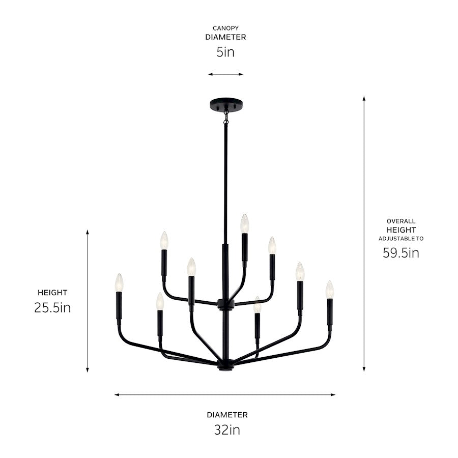 Kichler Madden 25in 9-Light 2-Tier Chandelier | Soft Modern Black Steel | Dining Room & Living Room | H 25 in | Model 52720BK