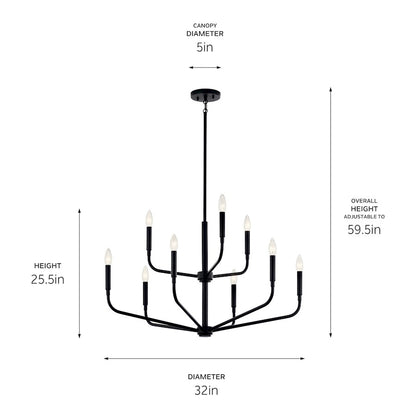 Kichler Madden 25in 9-Light 2-Tier Chandelier | Soft Modern Black Steel | Dining Room & Living Room | H 25 in | Model 52720BK