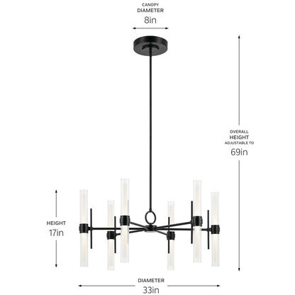 Kichler Riven 33" LED 12 Light Chandelier, Black/Clear Fluted Glass
