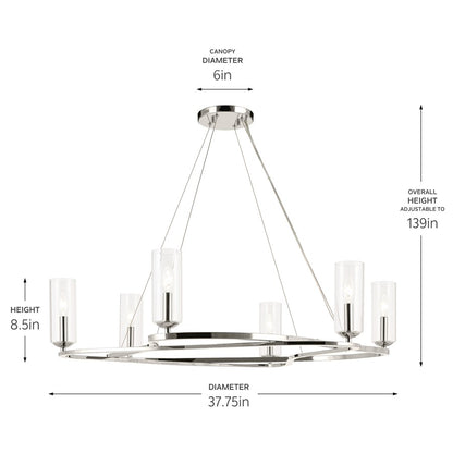 Kichler Harpin 37.75" 6 Light 1 Tier Chandelier, Polished Nickel/Clear