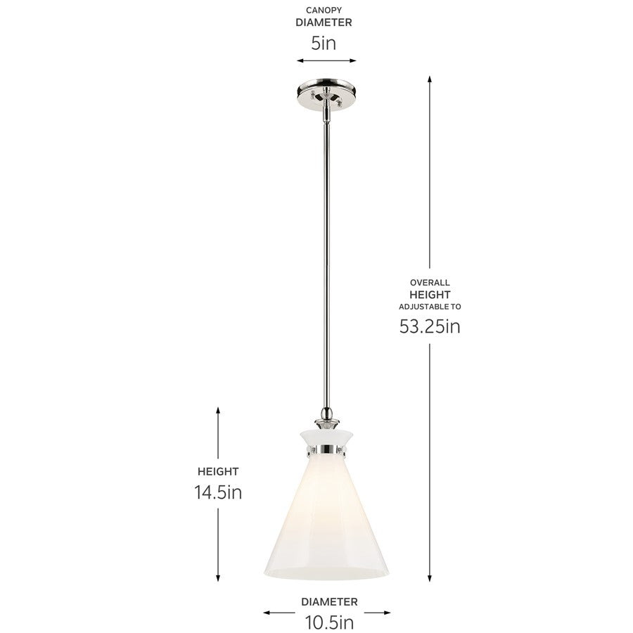 Kichler Laria 10.5" 1 Light Pendant, Polished Nickel/Opal Glass