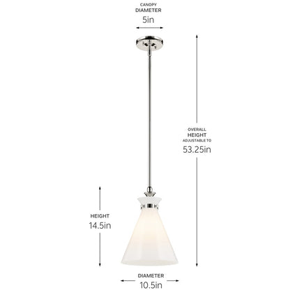 Kichler Laria 10.5" 1 Light Pendant, Polished Nickel/Opal Glass