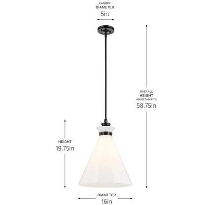 Kichler Laria 16" 1 Light Pendant, Black/Opal Glass