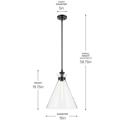 Kichler Laria 16" 1 Light Pendant, Black/Clear Glass