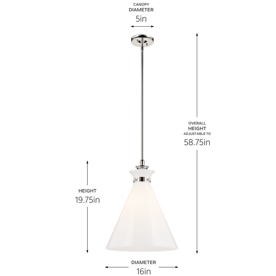 Kichler Laria 16" 1 Light Pendant, Polished Nickel/Opal Glass