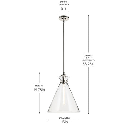 Kichler Laria 16" 1 Light Pendant, Polished Nickel/Clear Glass