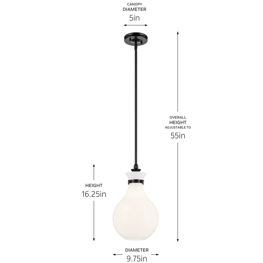 Kichler Laria 9.75" 1 Light Pendant, Black/Opal Glass