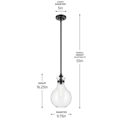 Kichler Laria 9.75" 1 Light Pendant, Black/Clear Glass