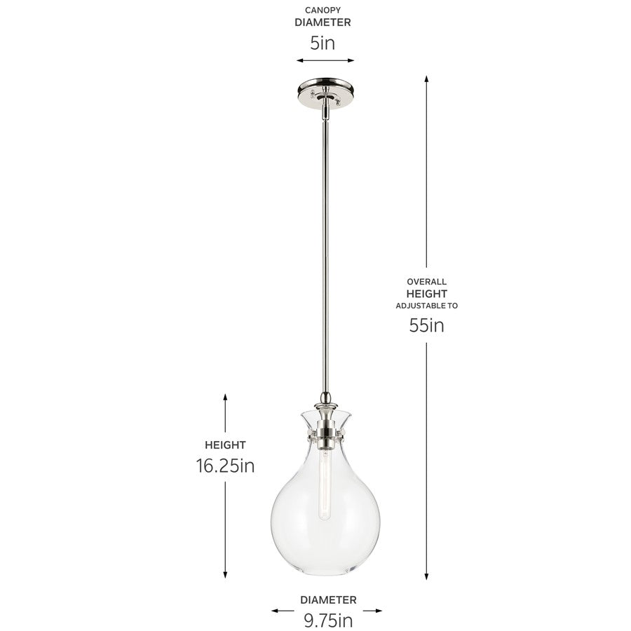 Kichler Laria 9.75" 1 Light Pendant, Polished Nickel/Clear Glass