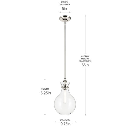 Kichler Laria 9.75" 1 Light Pendant, Polished Nickel/Clear Glass