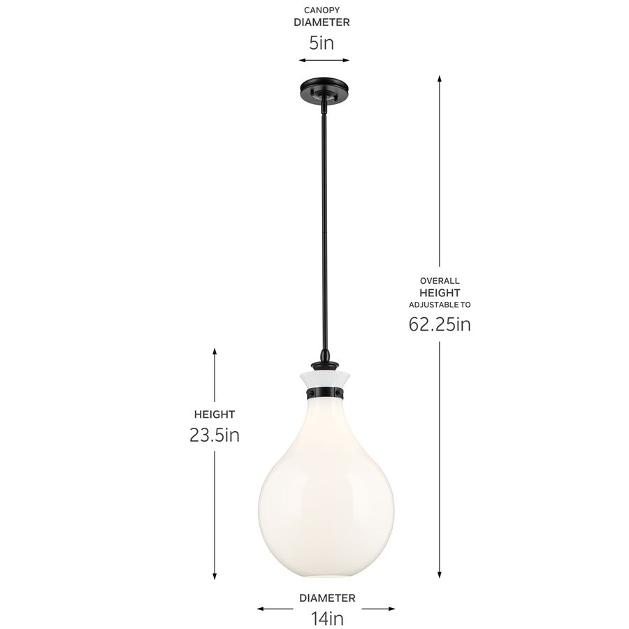 Kichler Laria 14" 1 Light Pendant, Black/Opal Glass