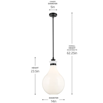 Kichler Laria 14" 1 Light Pendant, Black/Opal Glass