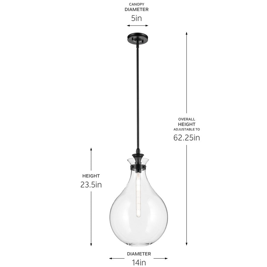 Kichler Laria 14" 1 Light Pendant, Black/Clear Glass