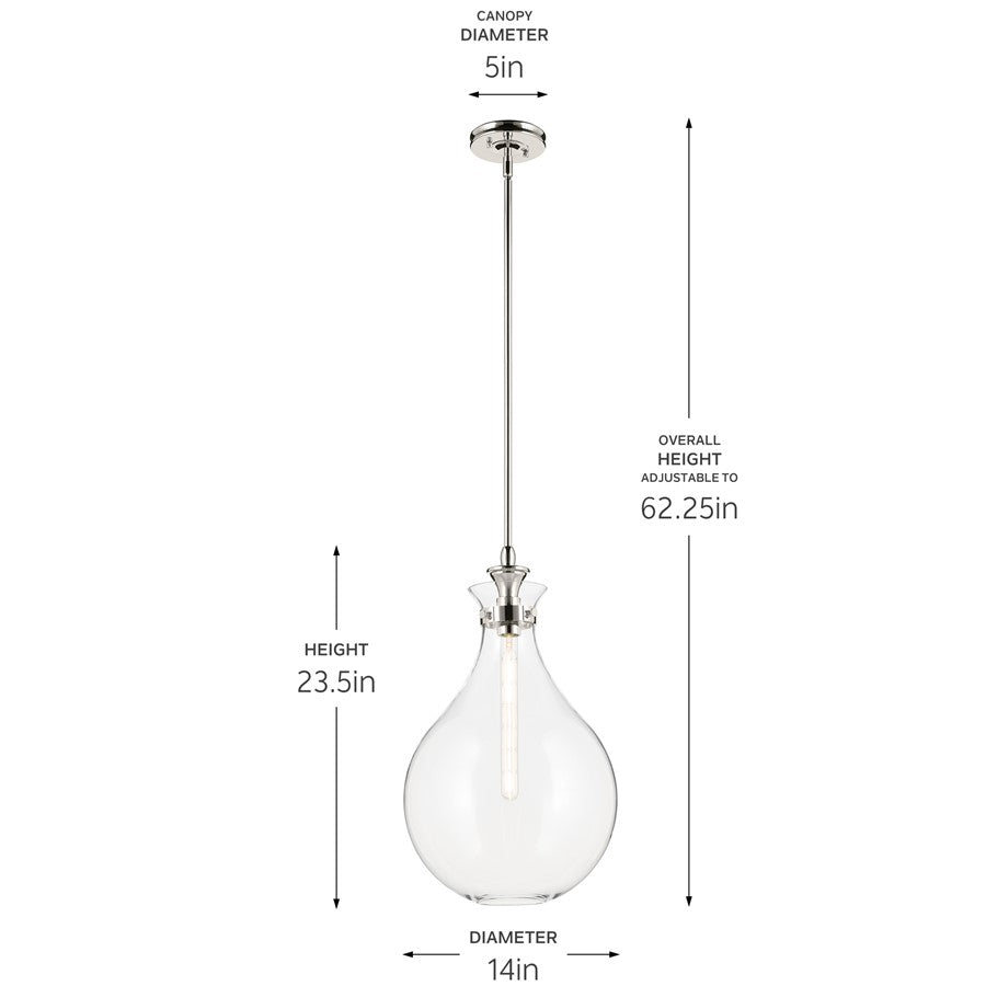 Kichler Laria 14" 1 Light Pendant, Polished Nickel/Clear Glass