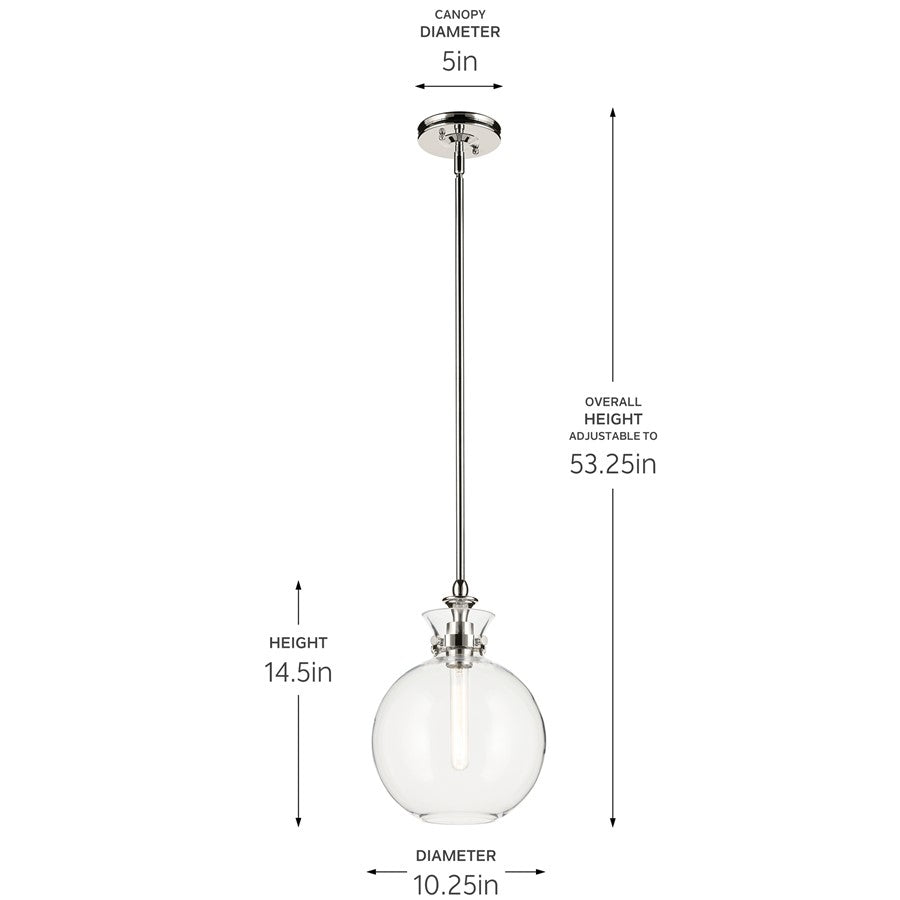 Kichler Laria 10.25" 1 Light Pendant, Polished Nickel/Clear Glass