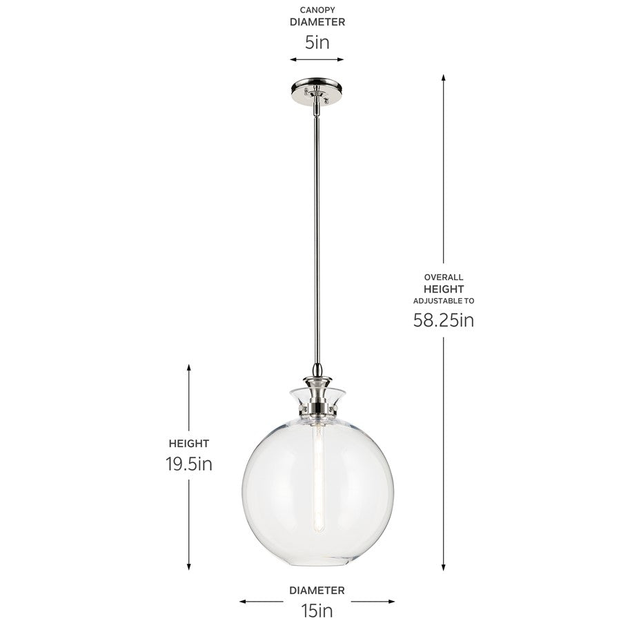 Kichler Laria 15" 1 Light Pendant, Polished Nickel/Clear Glass