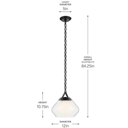 Kichler Nella 12" 1 Light Pendant, Black/Clear Outer/Opal Interior