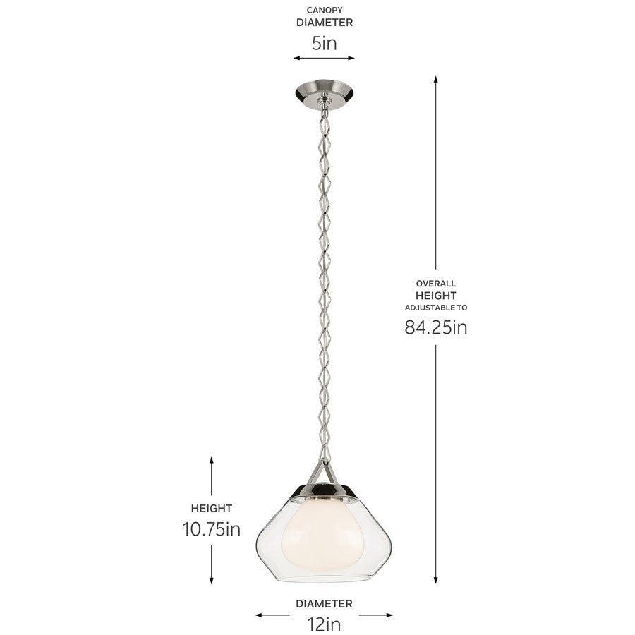 Kichler Nella 12" 1 Light Pendant, Nickel/Clear Outer/Opal Interior