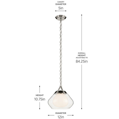 Kichler Nella 12" 1 Light Pendant, Nickel/Clear Outer/Opal Interior