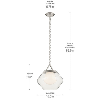 Kichler Nella 16" 1 Light Pendant, Nickel/Clear Outer/Opal Interior