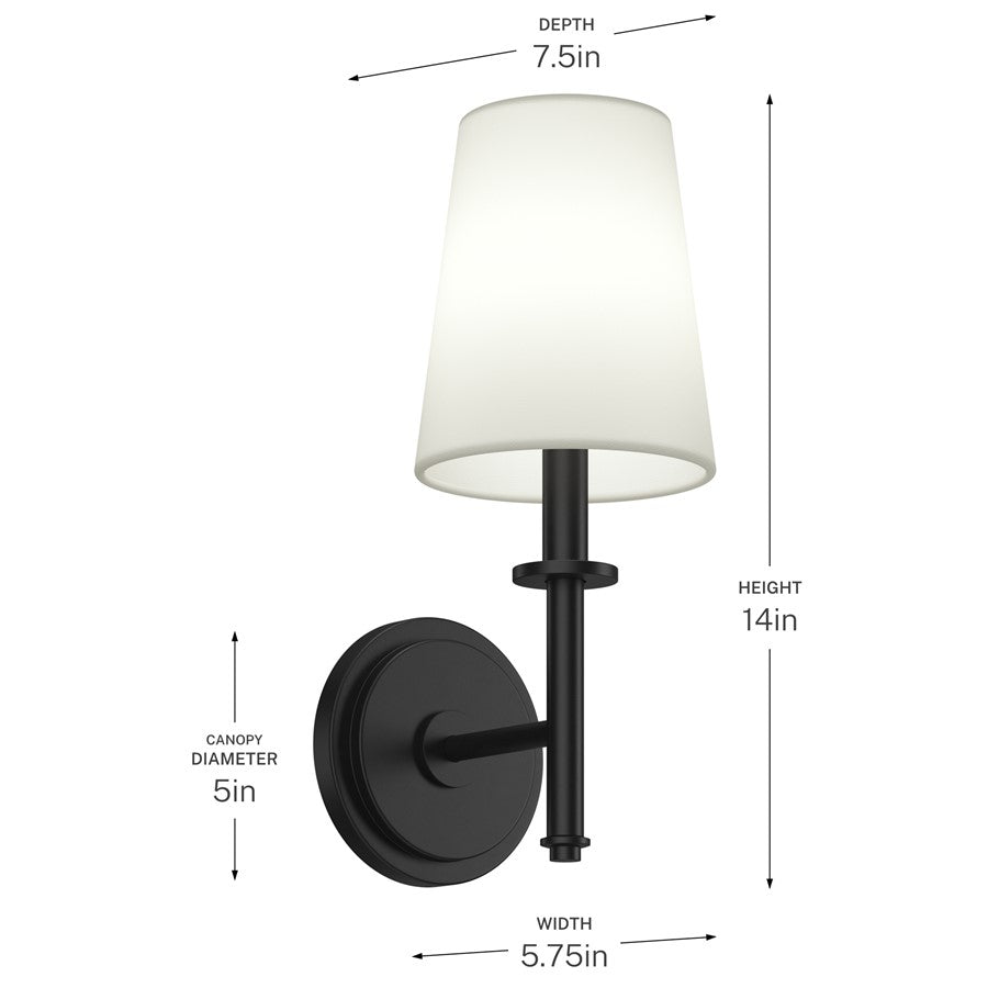 Kichler Kleine 5.75in 1-Light Wall Sconce | Traditional Black and White Linen Shade | Bedroom & Hallway | 5.75 x 14 in | Model 52808BK