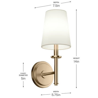 Kichler Kleine 5.75in 1-Light Wall Sconce | Traditional Champagne Bronze Steel and White Linen Shade | Living Room & Hallway | Model 52808CPZ