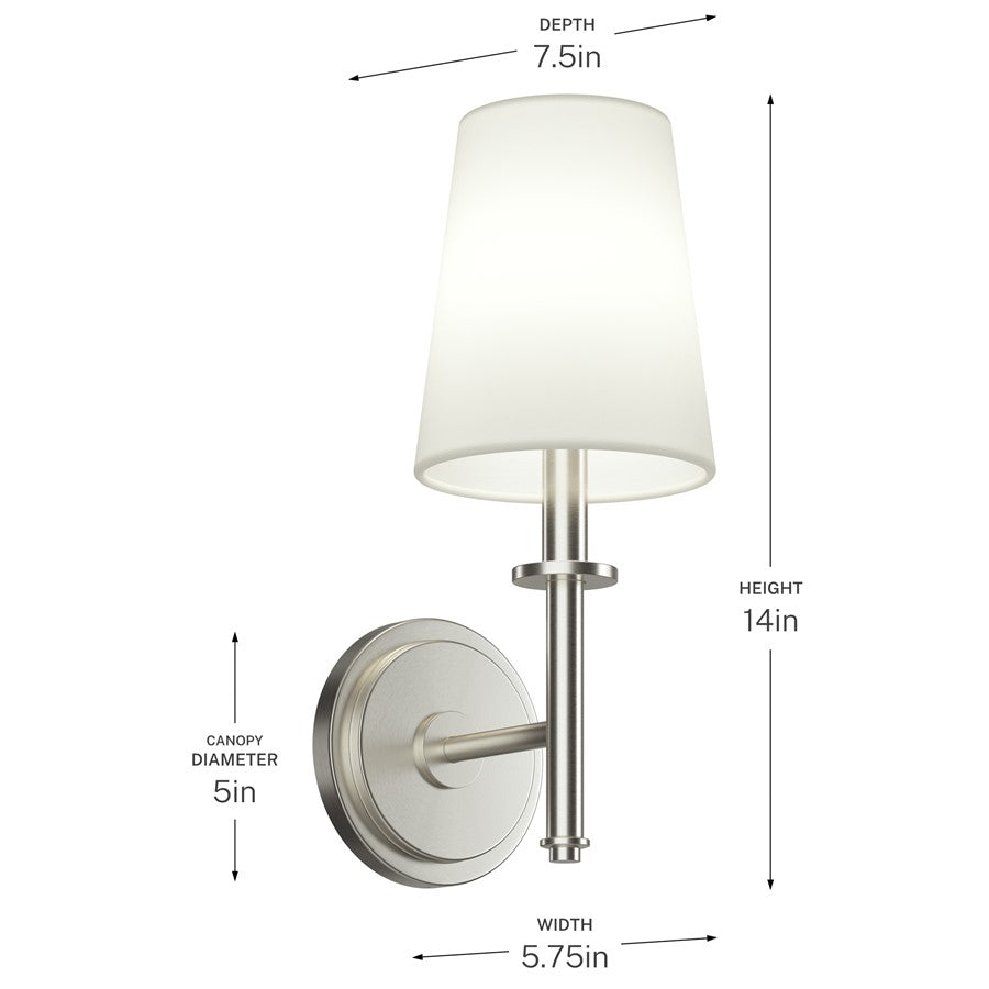 Kichler Kleine 6in 1-Light Wall Sconce | Traditional Brushed Nickel and White Linen | Bedroom & Hallway | 6 x 14 x 8 in | Model 52808NI