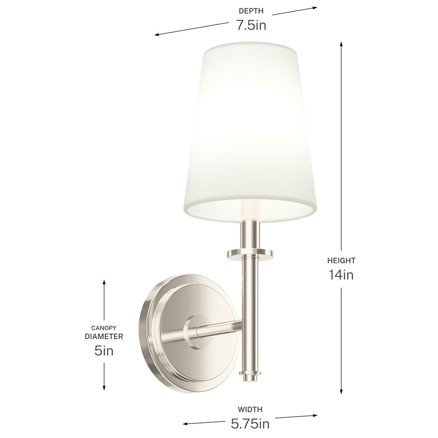 Kichler Kleine 5in 1-Light Wall Sconce | Traditional Polished Nickel and White Linen | Bedroom & Hallway | 5.75 x 14 x 7.5 in | Model 52808PN