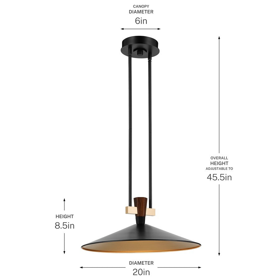 Kichler Tenon 20in 1-Light LED Pendant | Industrial Black and Walnut | Kitchen Island & Dining Room | 650 Lumens, 3000K | Model 52832BKLED