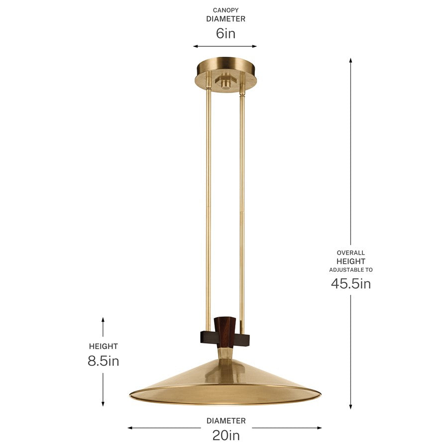 Kichler Tenon 20in 1-Light LED Pendant | Industrial Lacquered Brass and Walnut Accents | Kitchen Island & Dining Room | Model 52832LBRLED