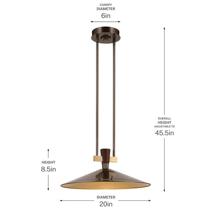 Kichler Tenon 20in 1-Light LED Pendant | Industrial Lacquered Bronze Brass | Kitchen Island & Dining Room | 8.5 in H | Model 52832LBZLED