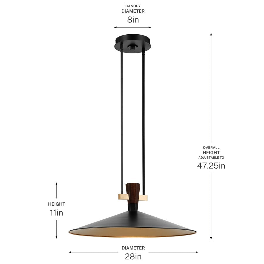 Kichler Tenon 28in 1-Light LED Pendant | Industrial Black Steel and Walnut | Kitchen Island & Dining Room | 11 in H | Model 52833BKLED
