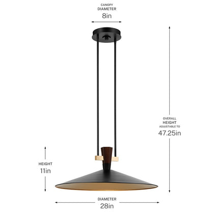 Kichler Tenon 28in 1-Light LED Pendant | Industrial Black Steel and Walnut | Kitchen Island & Dining Room | 11 in H | Model 52833BKLED