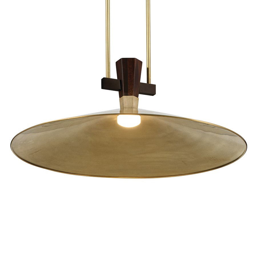 Kichler Tenon 28in 1-Light LED Pendant | Industrial Lacquered Brass and Black Walnut | Kitchen Island | 11 in H | Model 52833LBRLED